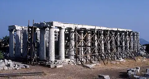 Ancient Greek Doric columns in the Temple of Apollo at Bassae, Bassae, Greece, c.429-400 BC