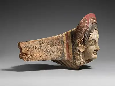 Etruscan antefix of a female figure, c.520-510 BC, terracotta, Metropolitan Museum of Art