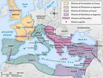  Map of the Roman Empire under the Tetrarchy, showing the dioceses and the four Tetrarchs' zones of influence