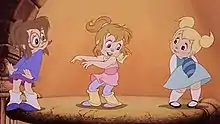 The Chipettes as they appear in The Chipmunk Adventure. From left to right: Jeanette, Brittany and Eleanor.