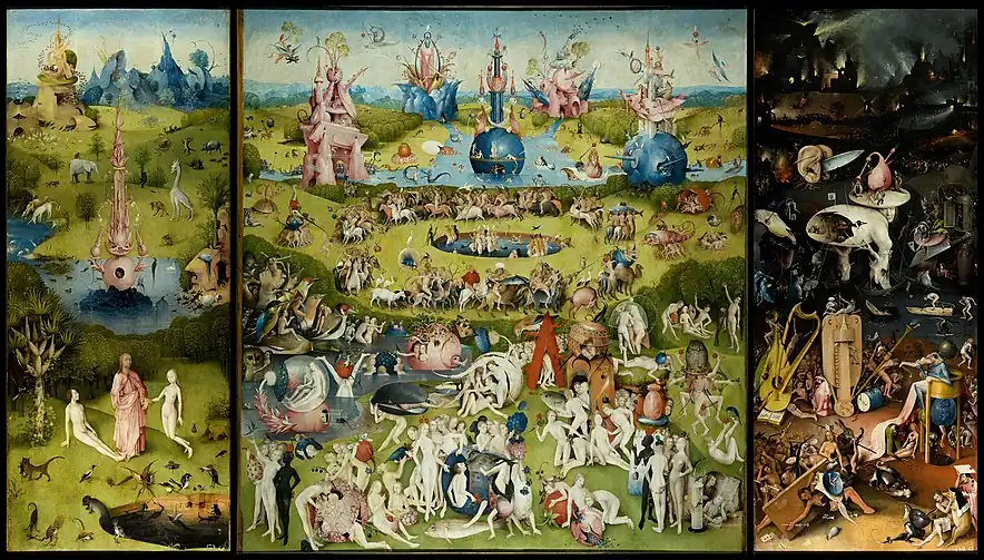 The Garden of Earthly Delights; by Hieronymus Bosch; c. 1504; oil on panel; 2.2 x 1.95 m; Museo del Prado (Madrid, Spain)