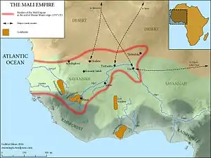 The Mali Empire in 1337, including the location of the Bambuk, Bure, Lobi and Akan Goldfields