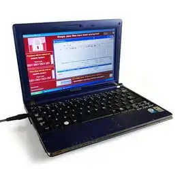 A laptop on a white background with malware visible on the screen