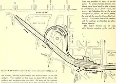 Original plan of the Brooklyn Bridge station and the City Hall Loop. The Brooklyn Bridge station is at the lower right corner, while the City Hall Loop is near the top center.