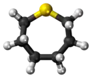 Ball-and-stick model of the thiepane molecule