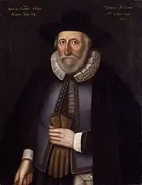 An oil portrait of Thomas Hobson, in the National Portrait Gallery, London. He looks straight to the artist and is dressed in typical Tudor dress, with a heavy coat, a ruff, and tie tails