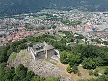 Aerial view of the Castles of Bellinzona from Sasso Corbaro