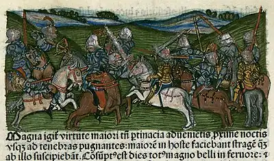 Chronica Hungarorum, Thuróczy chronicle, Battle of Kosovo 1448, John Hunyadi, Hungary, Hungarians, Ottoman Empire, Ottomans, battle, fight, horses, armored soldiers, cavalry, medieval, Hungarian chronicle, book, illustration, history