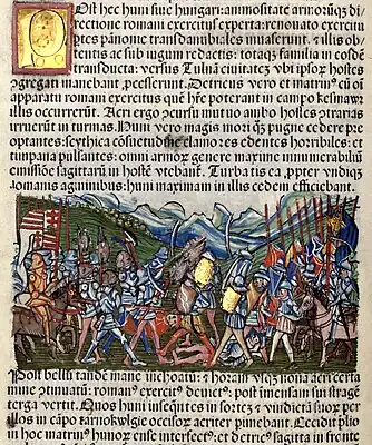 Chronica Hungarorum, Thuróczy chronicle, Battle of Zeiselmauer, Pannonia, Huns, Romans, cavalry, armored soldiers, fight, battle, Hungarian flag, medieval, Hungarian chronicle, book, illustration, history