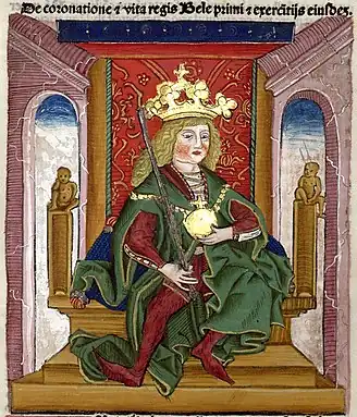 Chronica Hungarorum, Thuróczy chronicle, King Béla I of Hungary, throne, crown, orb, scepter, medieval, Hungarian chronicle, book, illustration, history