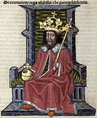 Chronica Hungarorum, Thuróczy chronicle, King Vladislaus I of Hungary, Władysław III of Poland, Ladislaus of Varna, throne, crown, orb, scepter, medieval, Hungarian chronicle, book, illustration, history