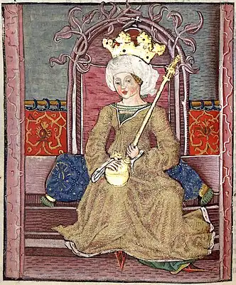 Chronica Hungarorum, Thuróczy chronicle, Queen Mary of Hungary, throne, crown, orb, scepter, medieval, Hungarian chronicle, book, illustration, history