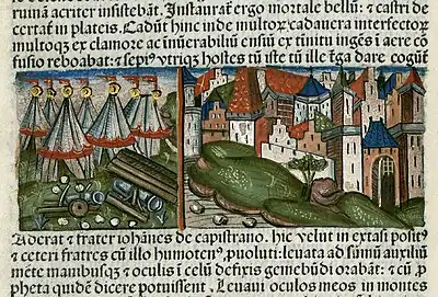 Chronica Hungarorum, Thuróczy chronicle, Siege of Belgrade 1456, Nándorfehérvár, John Hunyadi, Hungary, Hungarians, Sultan Mehmed the Conqueror, Ottoman Empire, Ottomans, siege, battle, castle, canons, tents, medieval, Hungarian chronicle, book, illustration, history