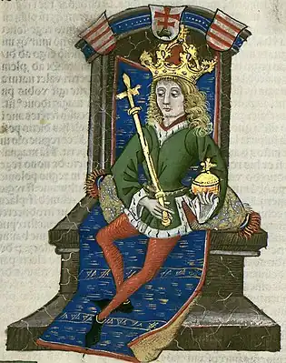 Chronica Hungarorum, Thuróczy chronicle, King Ladislaus V of Hungary, throne, crown, orb, scepter, double cross, Árpád stripes, Hungarian coat of arms, medieval, Hungarian chronicle, book, illustration, history