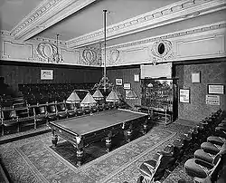 A billiards match room, with several rows of tiered seating