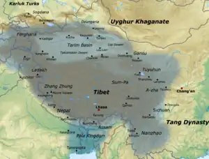 Map of the Tibetan Empire's influence at its greatest extent, in the late 8th to mid 9th century