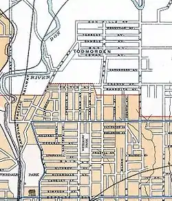 1915 Atlas of Canada, showing what is today the area in which Pape Village is located (then known as Todmorden), to the north of the (then) boundary of the City of Toronto