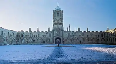 Winter view of Tom Quad in the snow.