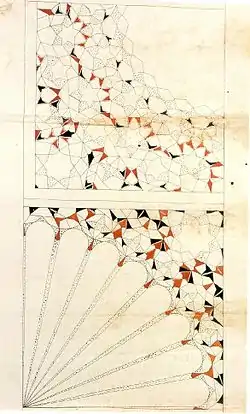 Two-dimensional designs for two quarter-dome muqarnas – as a seashell (top), as a fan (bottom). Topkapı Scroll, 15th century