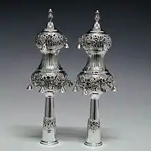 Finials used to decorate the top ends of the rollers of a Torah scroll