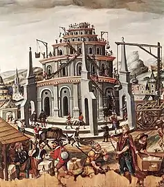 "Tower of Babel under construction", showing medieval cranes, German National Museum (1590s)