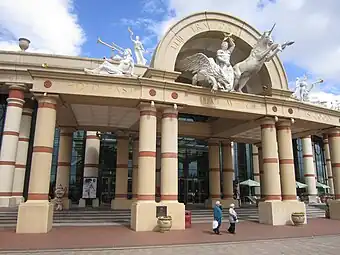 Exterior of the Trafford Centre, Manchester, UK, designed by Chapman Taylor and Leach Rhodes Walker, with sculptures by Colin Spofforth, 1998