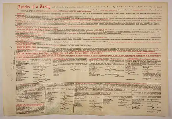 A large piece of parchment paper with detailed, small text of the treaty.