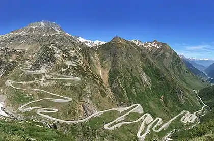 The old road to the Saint Gotthard Pass. Monte Prosa is the peak on the left.