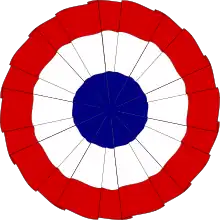 The cockade of France, designed in July 1789. White was added to "nationalise" an earlier blue and red design.