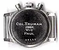 Reverse view of President Truman's Flight Officer Chronograph showing the 4 compression screws of the early water resistant case (circa 1939)