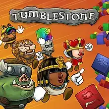 The cover art of Tumblestone showing characters battling colored blocks known as tumblestones.