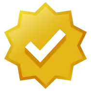 Gold-colored eight-lobed badge with checkmark icon