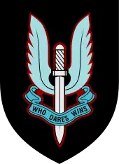 Emblem of a winged sword with the motto, "Who dares, wins"