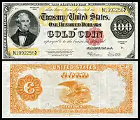 1922 $100 Gold Certificate The Series of 1880 Gold Certificate was re-issued with an obligation to the right of the bottom-left serial number on the obverse.