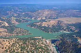 Aerial view of Englebright Dam and Lake on the Yuba River