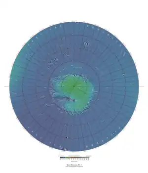 High-resolution topographic map of Mare Boreum quadrangle with features and craters labeled, from Mars Orbiter Laser Altimeter (MOLA) data