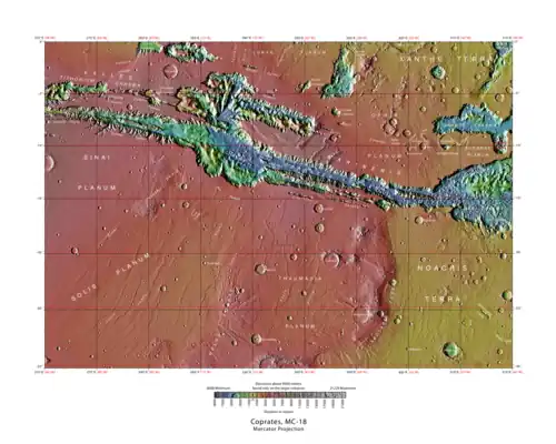 The Coprates quadrangle, Hebes Mensa can be seen in the far north of the quadrangle, just west of the horizontal center.