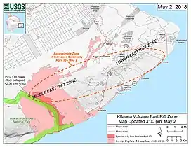 Map of ongoing intrusion and earthquake activity along Kīlauea's East Rift Zone (May 2, 2018)