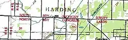 USGS topographic map that shows the Ordinance Line as "South Bdy Michigan Survey". There are jogs in many north–south roads at this line.