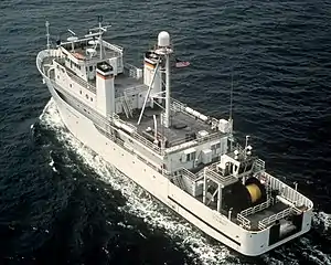 Stalwart as originally configured. Aft view of equipment for the Surveillance Towed-Array Sensor System (SURTASS), 1986.