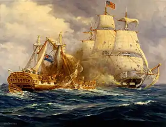 A painting depicts two ships at battle. Constitution is at the right of the frame with torn sails. Guerriere is in the middle of the frame with damaged masts and a lot of cannon smoke around her deck.