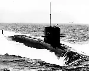 Pre-commissioning photo of George C. Marshall (SSBN-654), underway off Newport News, VA, 31 March 1966