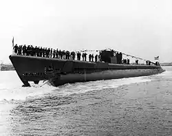 Plaice is waterborne at Portsmouth Navy Yard, following her launching on 15 November 1943.