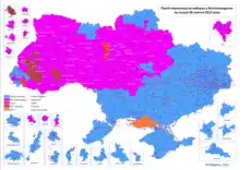 Results of the 2012 parliamentary election. Yanukovych's Party of Regions in blue.