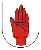 The Red Hand of Ulster (sinister (left) hand version), as used by baronets (other than those of Nova Scotia) as a heraldic badge