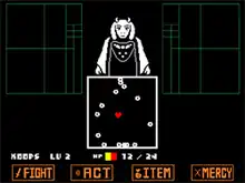 Fighting Toriel in Undertale. Toriel attacks a red heart, controlled by the player, with fire magic.