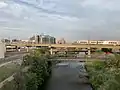 South Platte Bridges. Top to bottom, G Line commuter rail, BNSF rail, pedestrian bridge linking pedestrian trails.