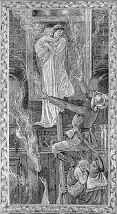 Stylised black and white engraving in the style of Edward Burne-Jones. A woman in heroic pose in a flowing white dress stands in a window holding a child, while a fireman stands on a ladder, roughly level to the window, and reaches out to take the child. A Royal Navy sailor in full uniform, further down the ladder, holds another child.