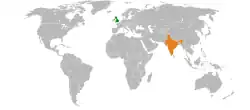 Map indicating locations of United Kingdom and India