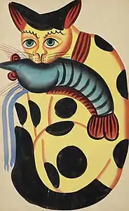 Cat stealing prawn, Kalighat Painting.